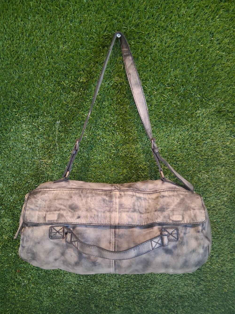 Free People We The Free Emerson Distressed Gray Leather Duffel Bag Satchel